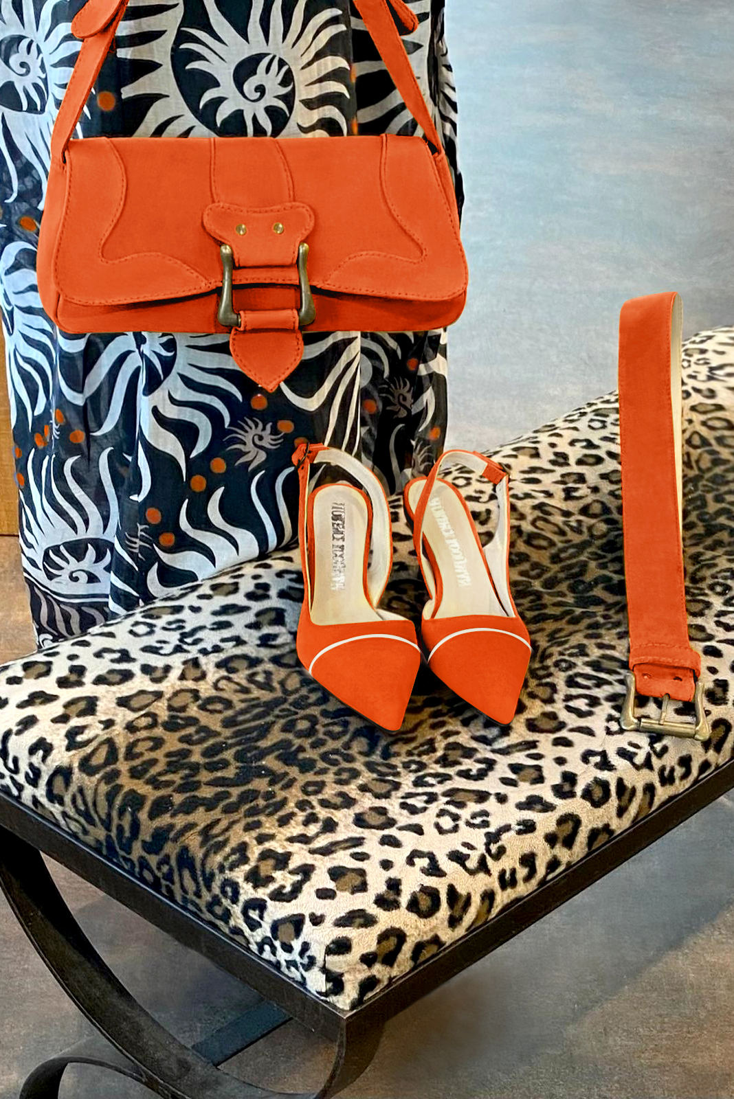 Clementine orange women's dress handbag, matching pumps and belts. Worn view - Florence KOOIJMAN